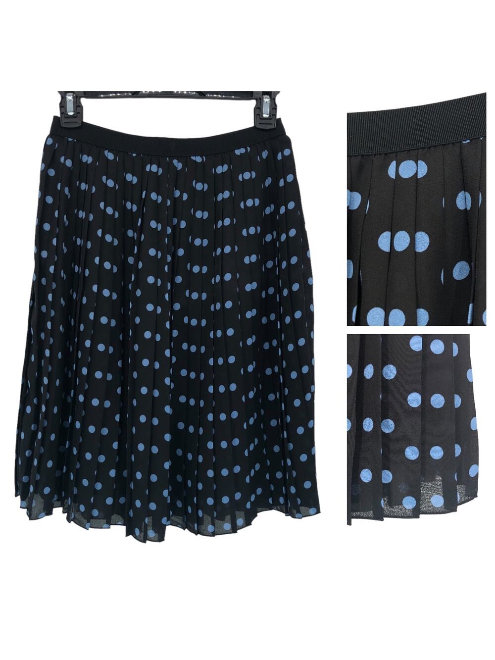 Uniqlo‎ Pleated Skirt US Size Small Black Blue Polka Dot Elastic Waist Band EUC